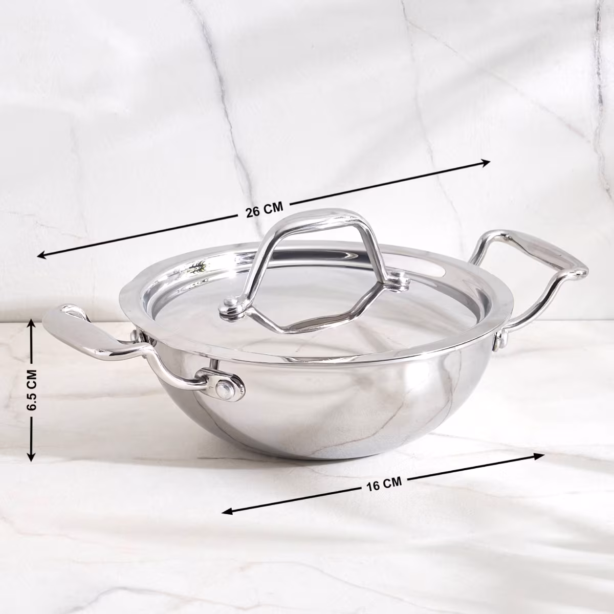 Valeria Carin Stainless Steel Induction Compatible Kadhai with Lid - 16cm in Silver