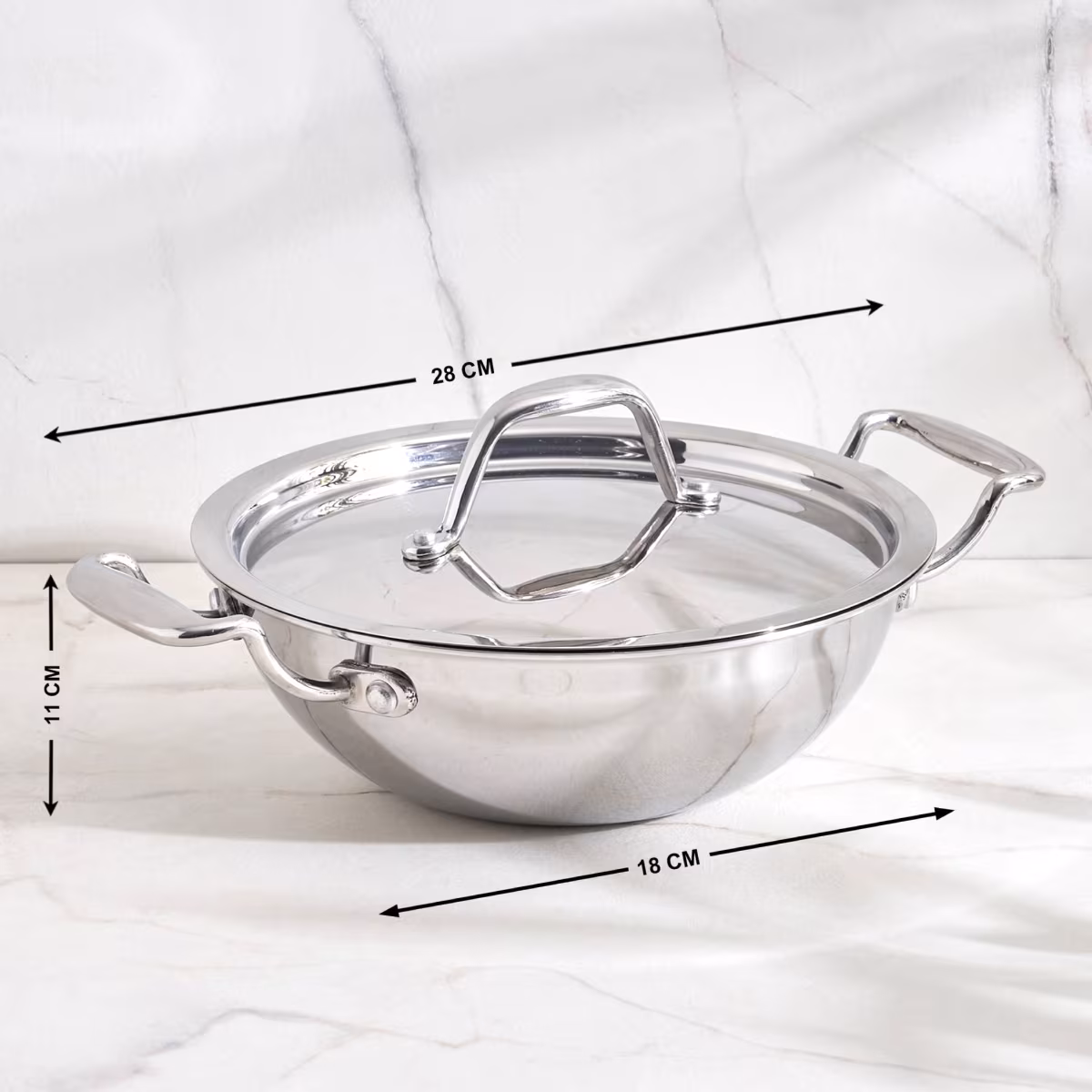 Valeria Carin Stainless Steel Induction Compatible Kadhai with Lid - 18cm in Silver