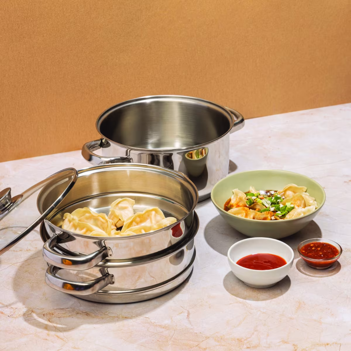 VINOD Stainless Steel 3 Tier Steamer with Glass Lid - 18cm in Silver