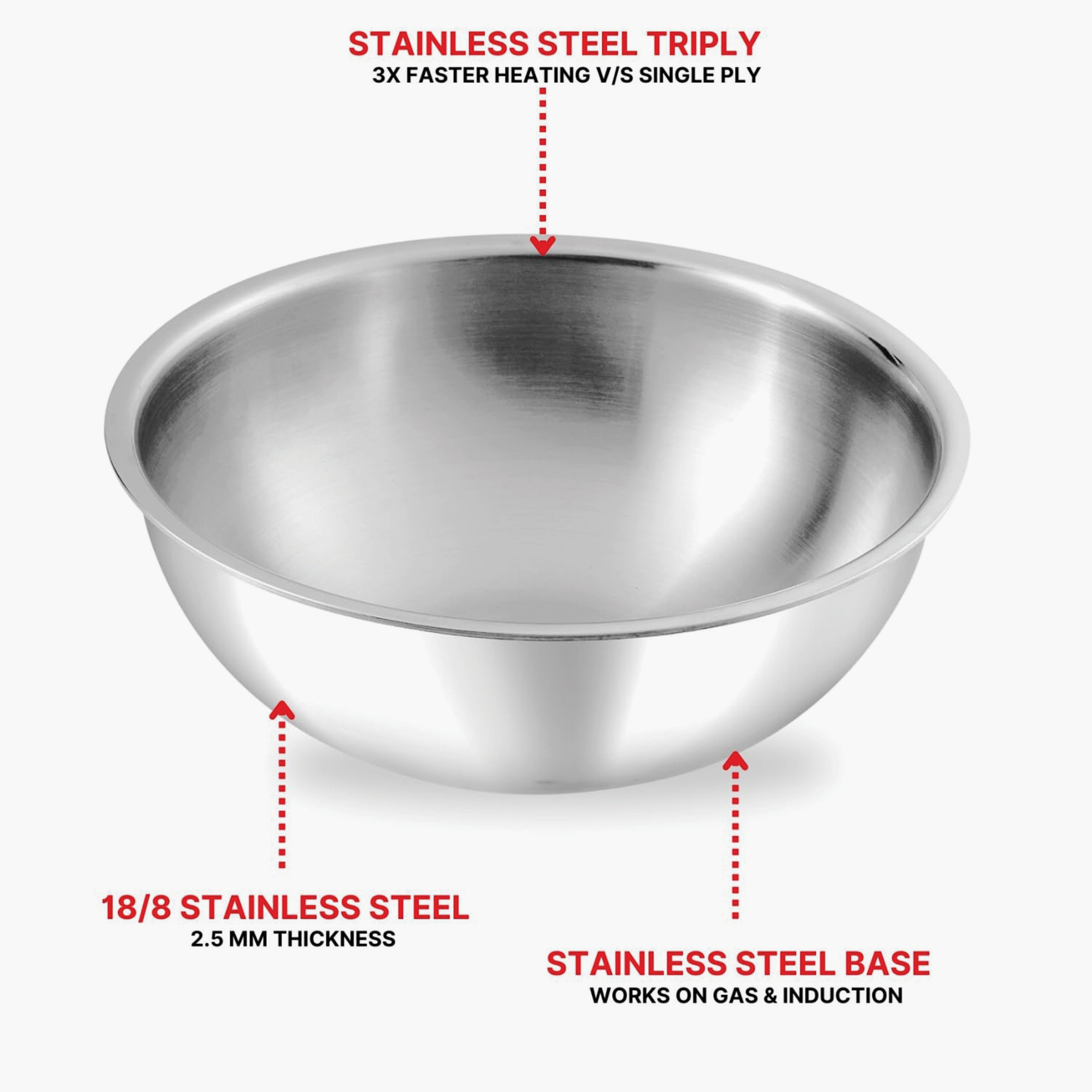 VINOD Platinum Triply Stainless Steel Deep Tasla - 20cm, 1.5L in Silver