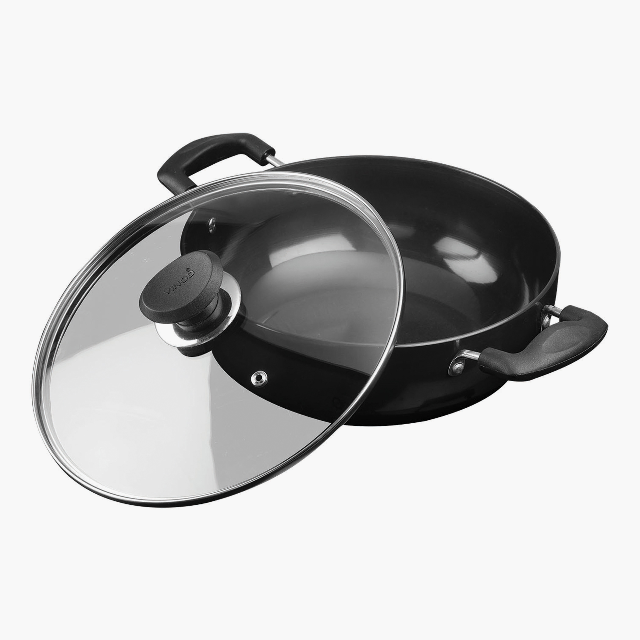 VINOD Aluminium Hard Anodized Deep Kadai with Glass Lid - 22cm, 2.6L in Black