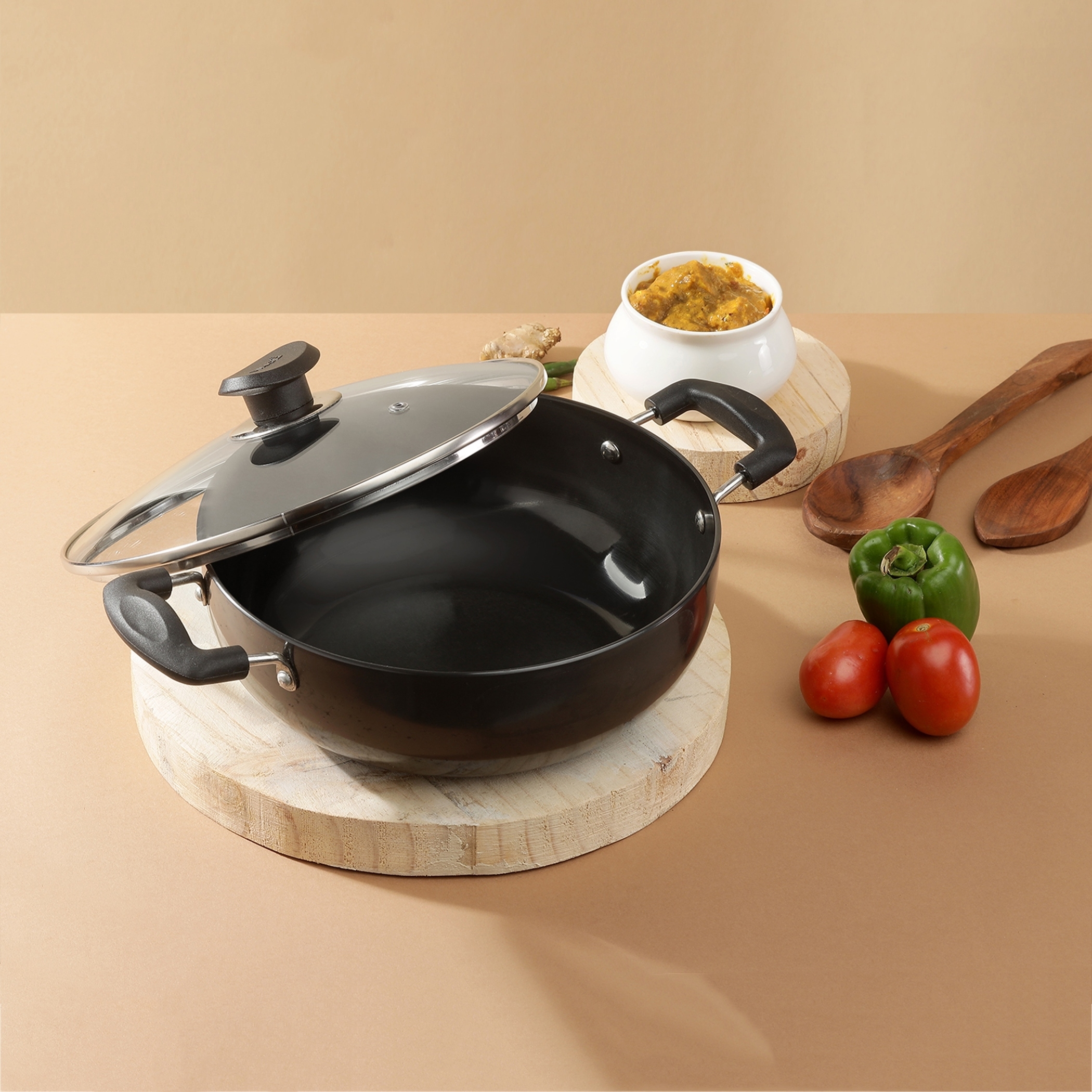 VINOD Aluminium Hard Anodized Deep Kadai with Glass Lid - 26cm, 4.1L in Black