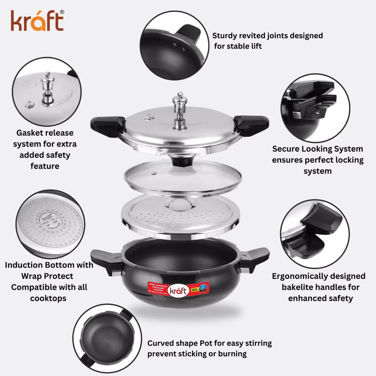 VINOD Magic Aluminium Hard Anodized Pressure Cooker with 3 Lids - 3.5L in Black