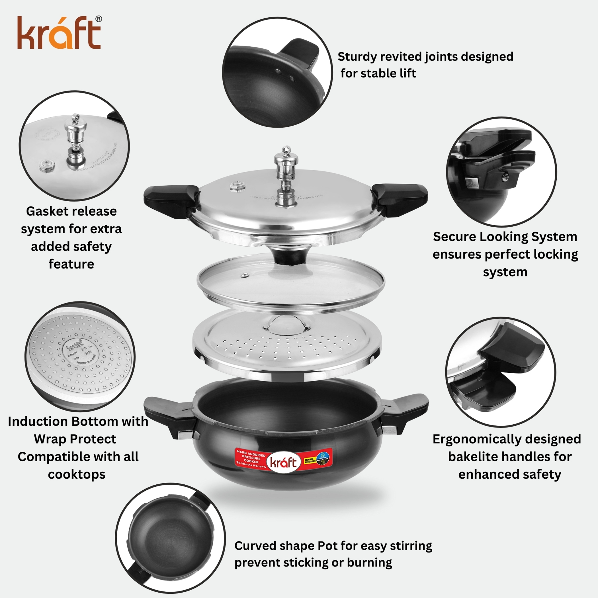 VINOD Magic Aluminium Hard Anodized Pressure Cooker with 3 Lids - 3.5L in Black