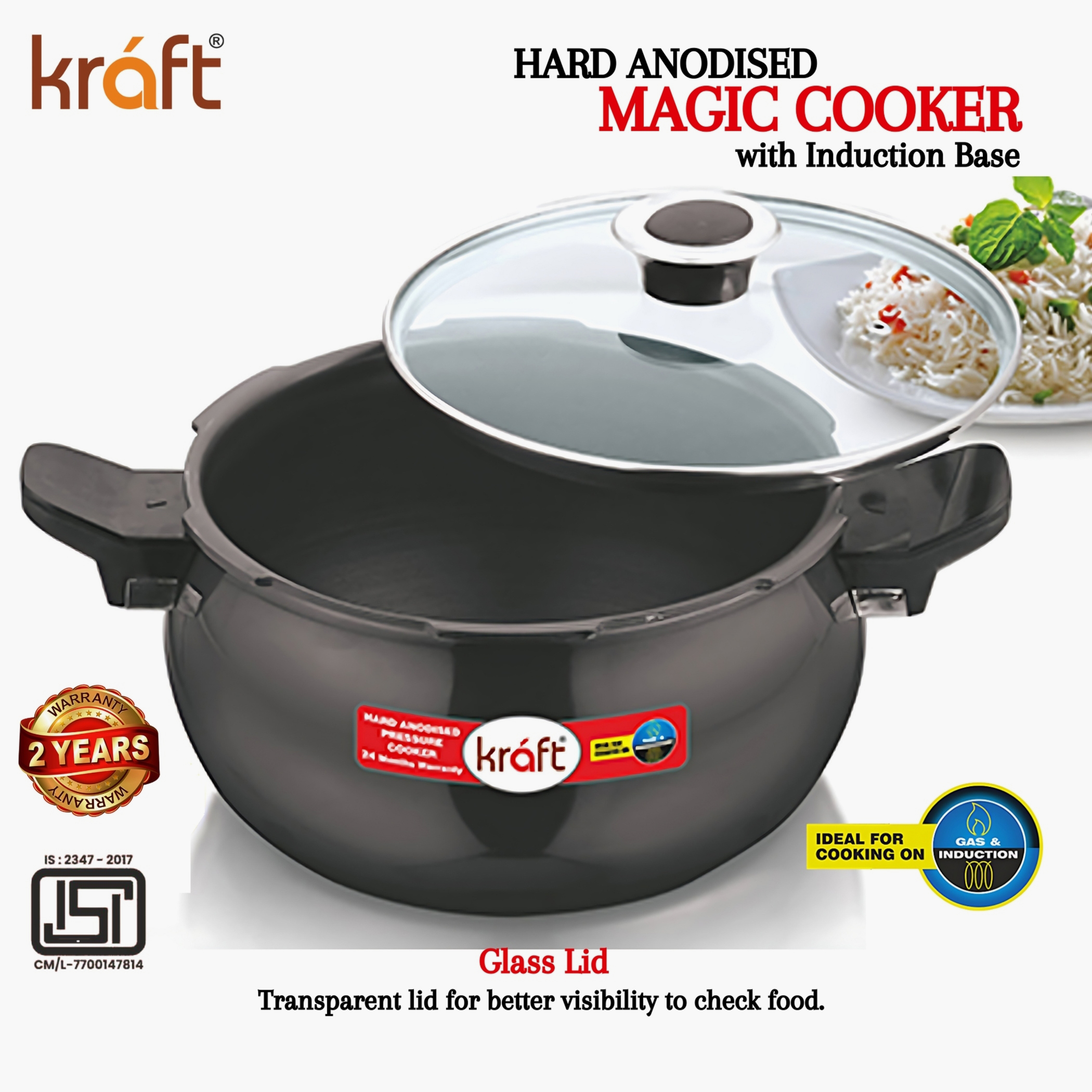 VINOD Magic Aluminium Hard Anodized Pressure Cooker with 3 Lids - 3.5L in Black