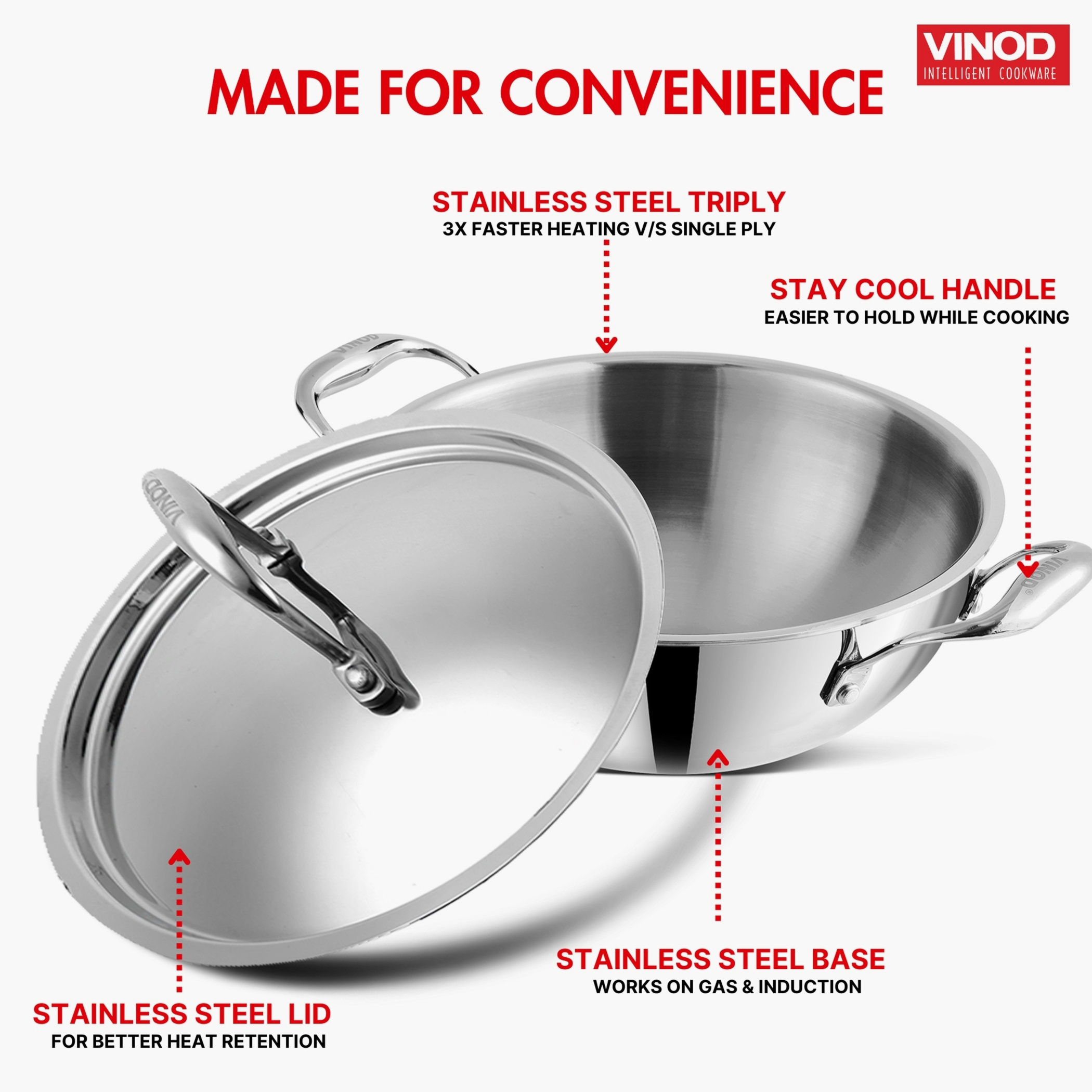 VINOD Platinum Triply Stainless Steel Deep Kadai with Glass Lid - 26cm, 3.7L in Silver