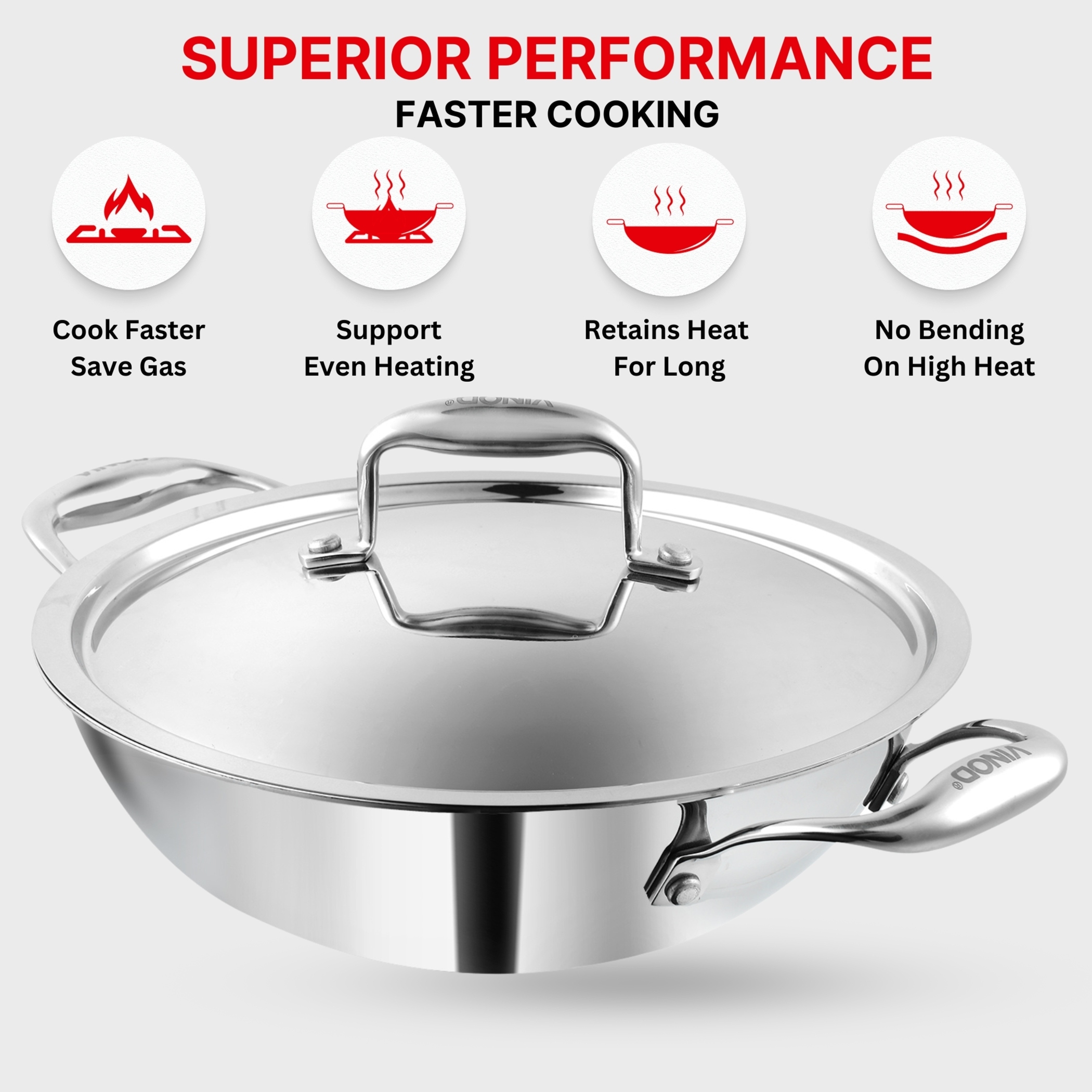 VINOD Platinum Triply Stainless Steel Deep Kadai with Glass Lid - 26cm, 3.7L in Silver