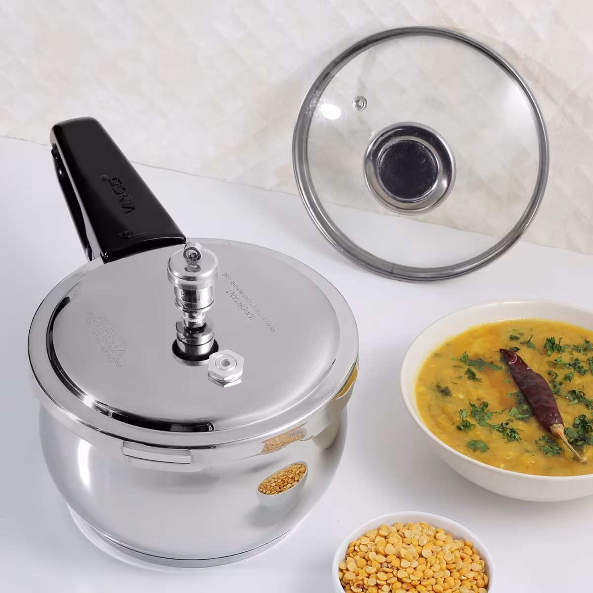 VINOD Splendid Plus 18/8 Stainless Steel Handi Pressure Cooker with Extra Glass Lid - 1.5L in Silver