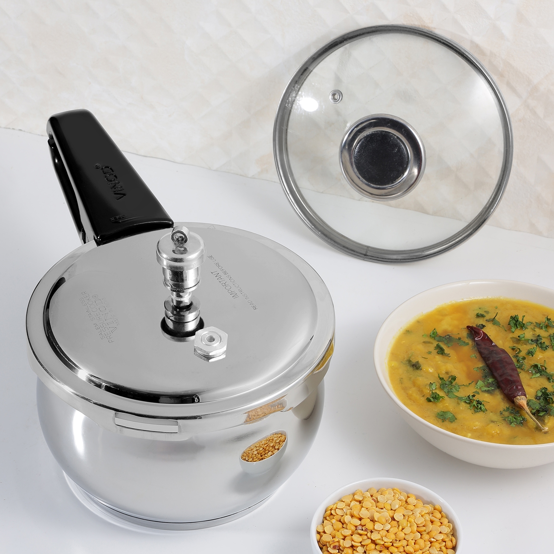VINOD Splendid Plus 18/8 Stainless Steel Handi Pressure Cooker with Extra Glass Lid - 3.5L in Silver