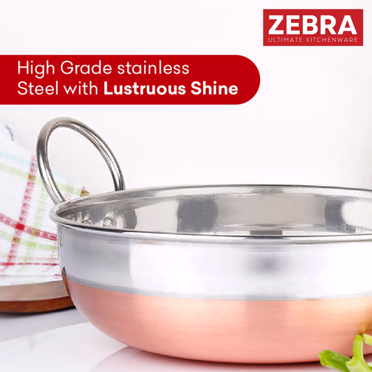 ZEBRA Stainless Steel Copper Bottom Kadai - 2.3L in Silver