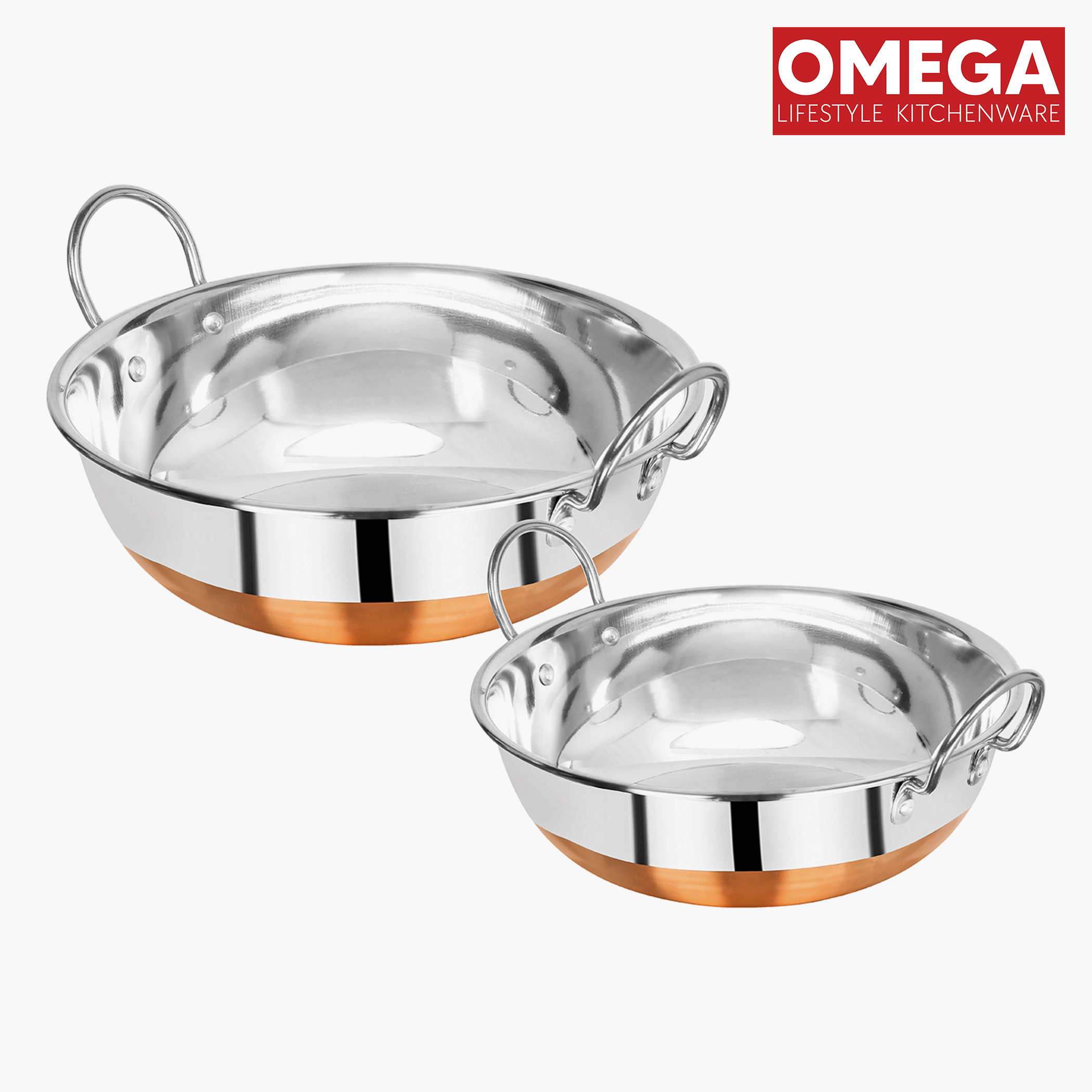 OMEGA Set of 2 Stainless Steel Kadai (1.2L, 1.6L) in Silver