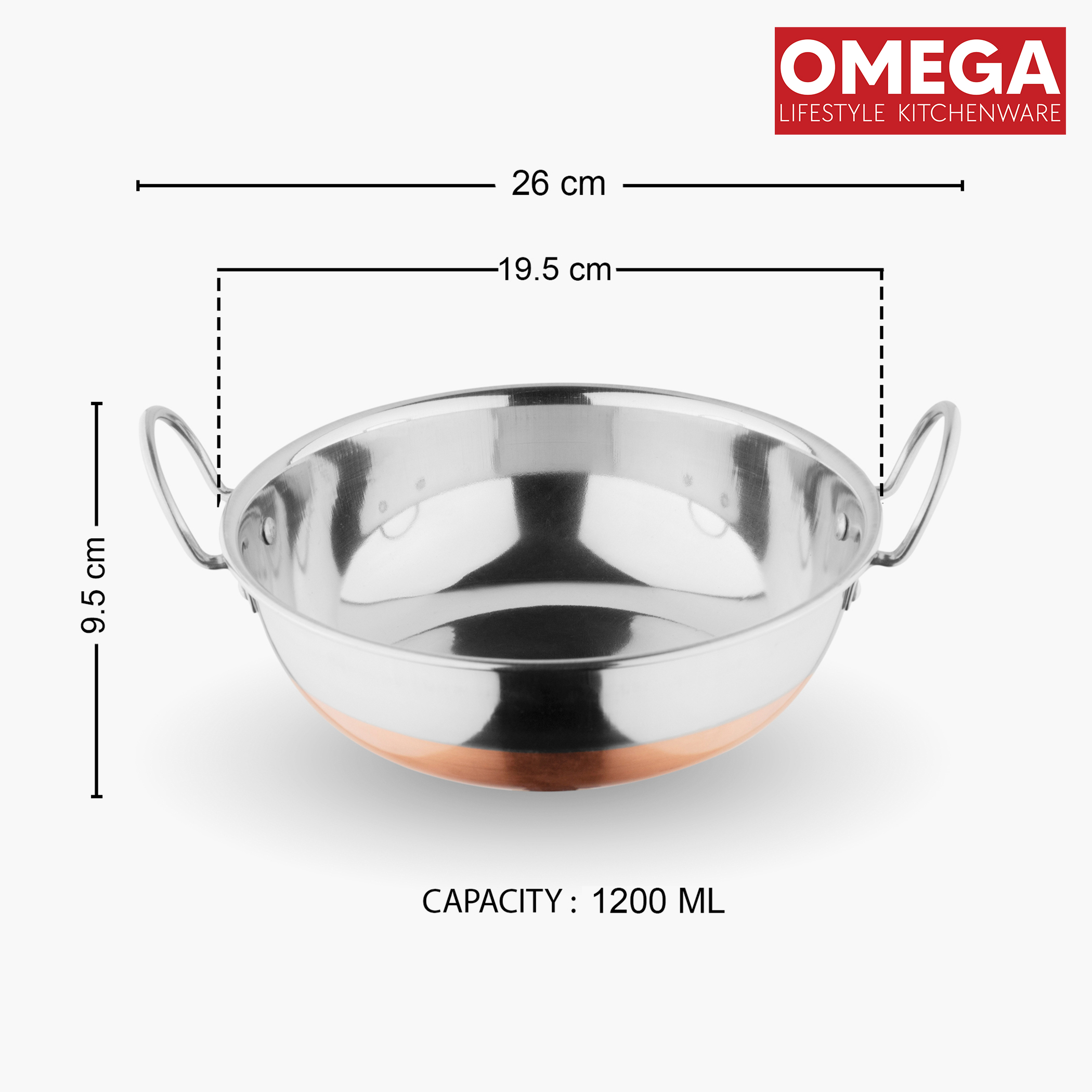 OMEGA Stainless Steel Copper Bottom Kadai - 1.2L in Silver