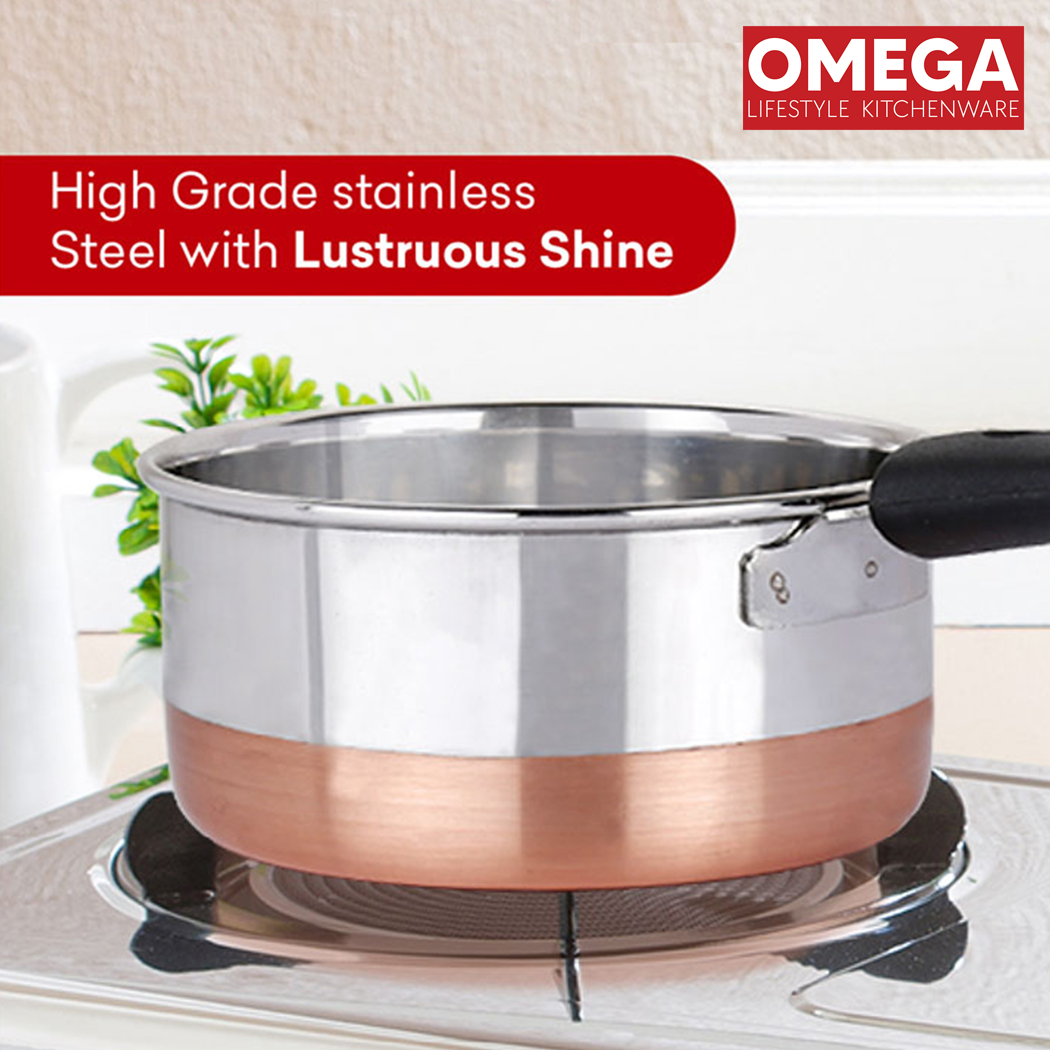 OMEGA Stainless Steel Copper Bottom Saucepan - 1.6L in Silver