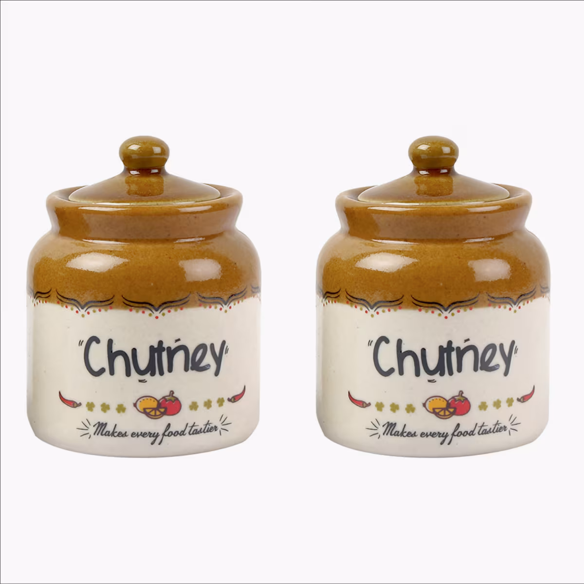 EK DO DHAI Set of 2 Ceramic Chutney Jars - 300ml in Brown