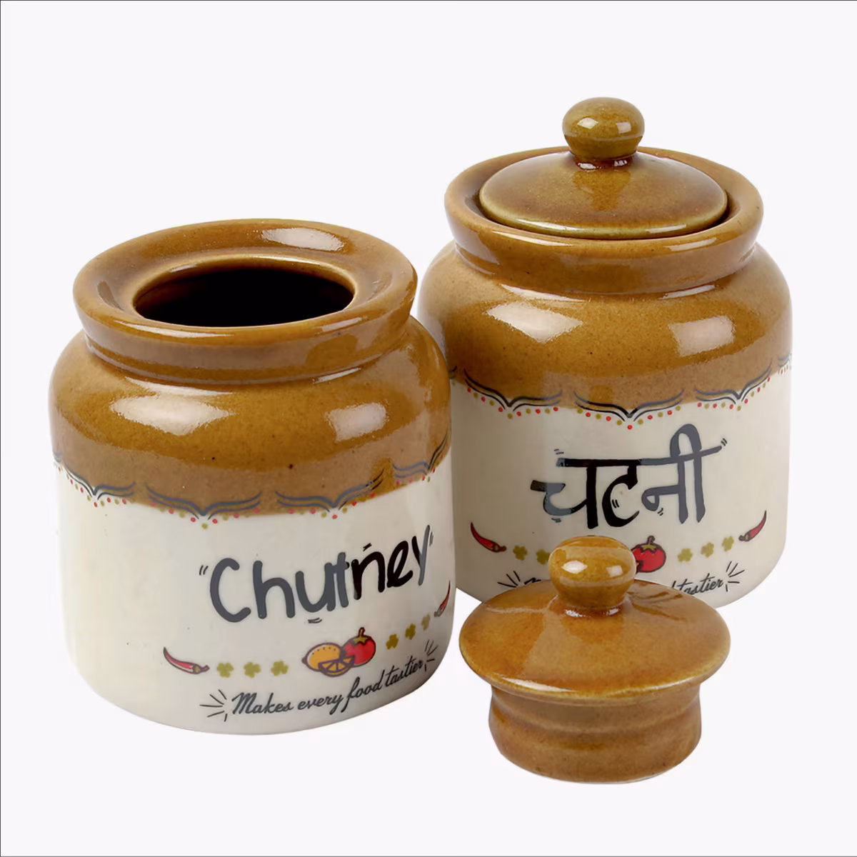 EK DO DHAI Set of 2 Ceramic Chutney Jars - 300ml in Brown