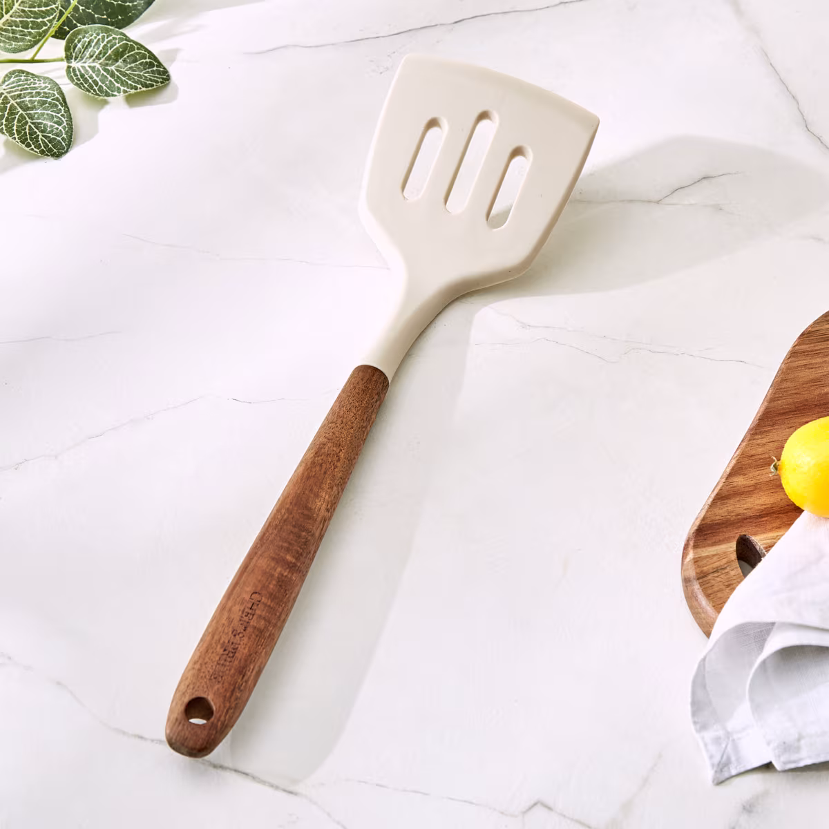 Chefs Pride Zeta Silicone Slotted Turner with Wooden Handle in Cream