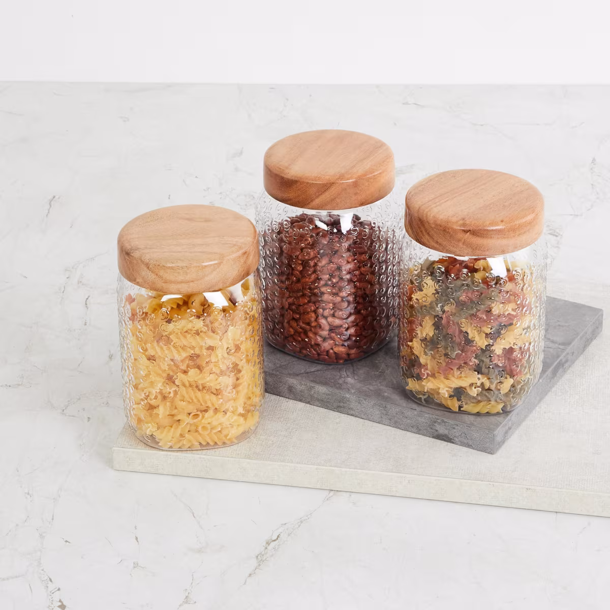 Corsica Elfin Set of 3 Wooden Lid Pet Jars - 900ml in Transparent