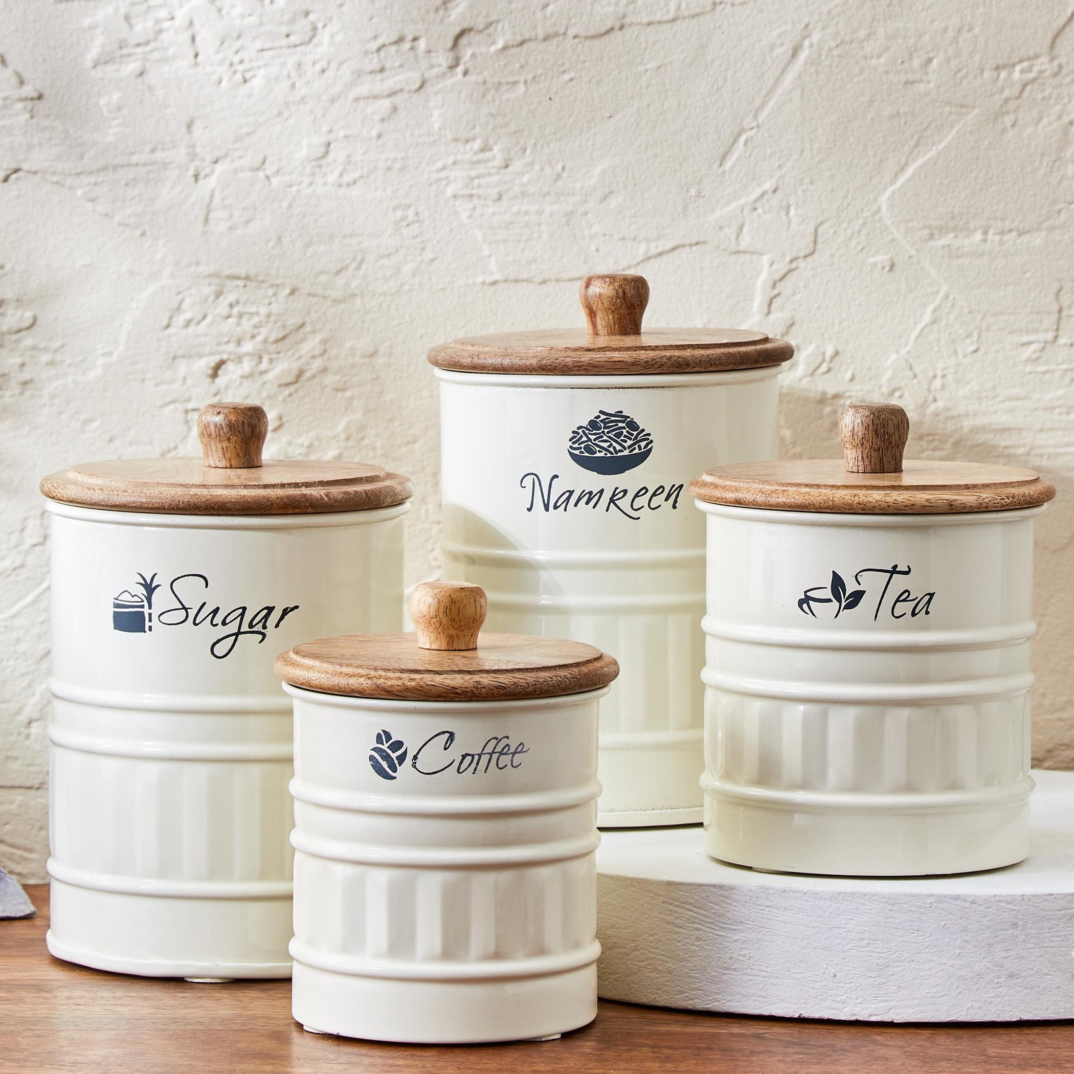 Mirage Metal Coffee Storage Canister With Mango Wood Lid in Offwhite