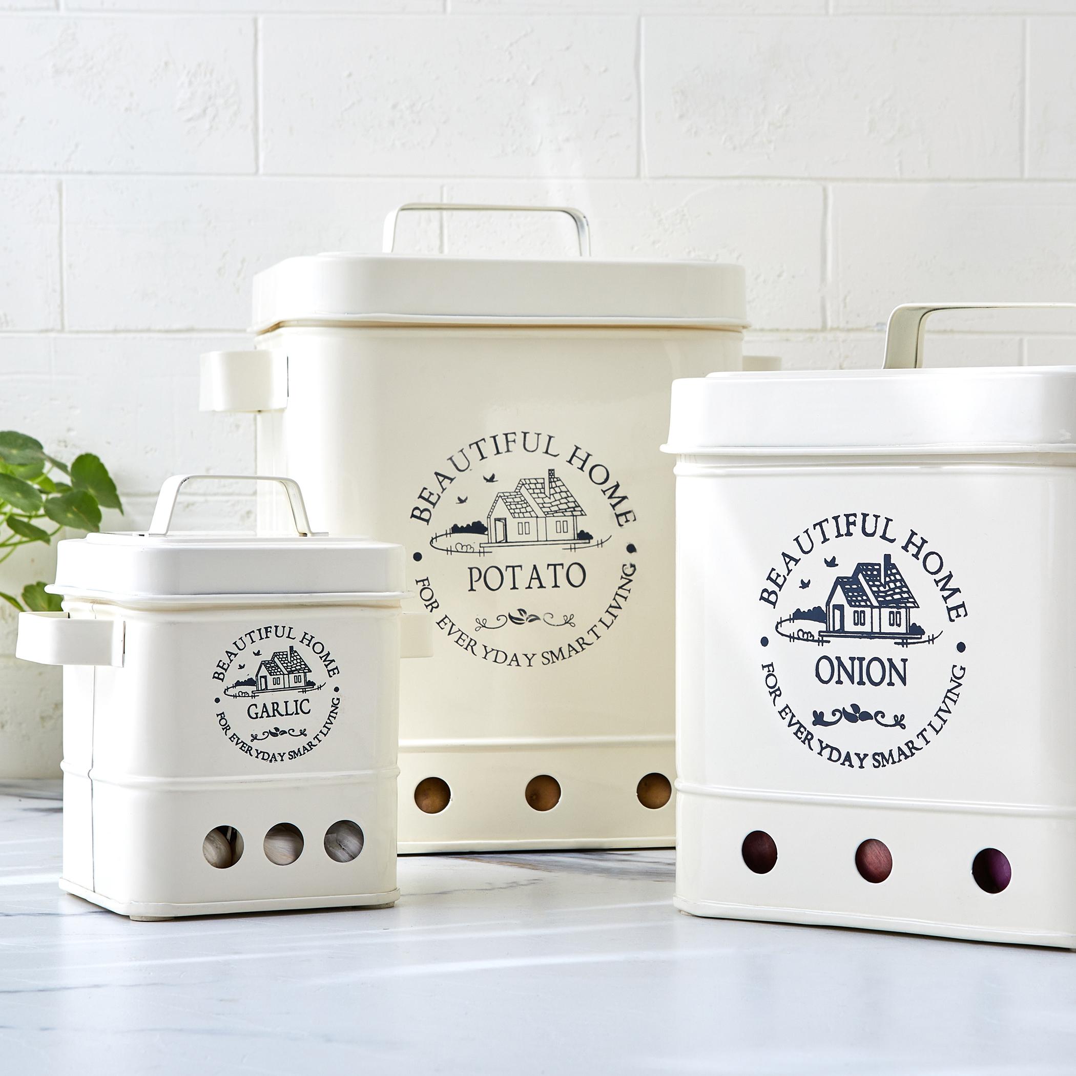 Mendo Iron Printed Onion Canister with Lid in Beige